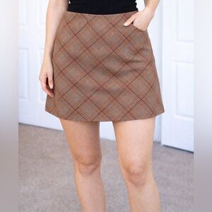 NWT Princess Polly Brown Plaid Mini Skirt with Orange Accents